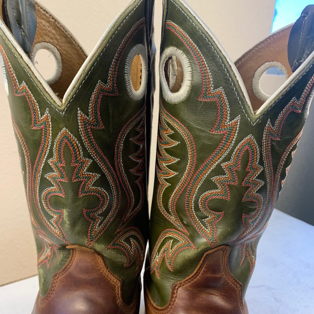 Justin 6.5D Bent Rail BR307 Cowboy Boots Brown Green 11" Square Toe USA Made - Picture 12 of 16